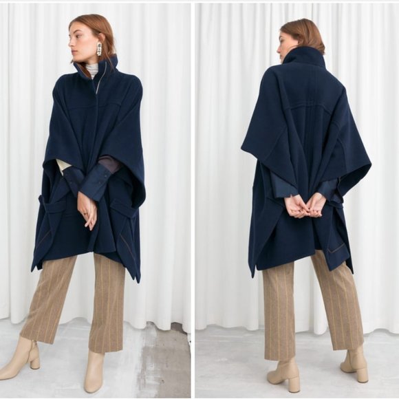 NWT & Other Stories Wool Blend Workwear Cape Coat in Navy Blue - Size XS/S - Picture 2 of 12